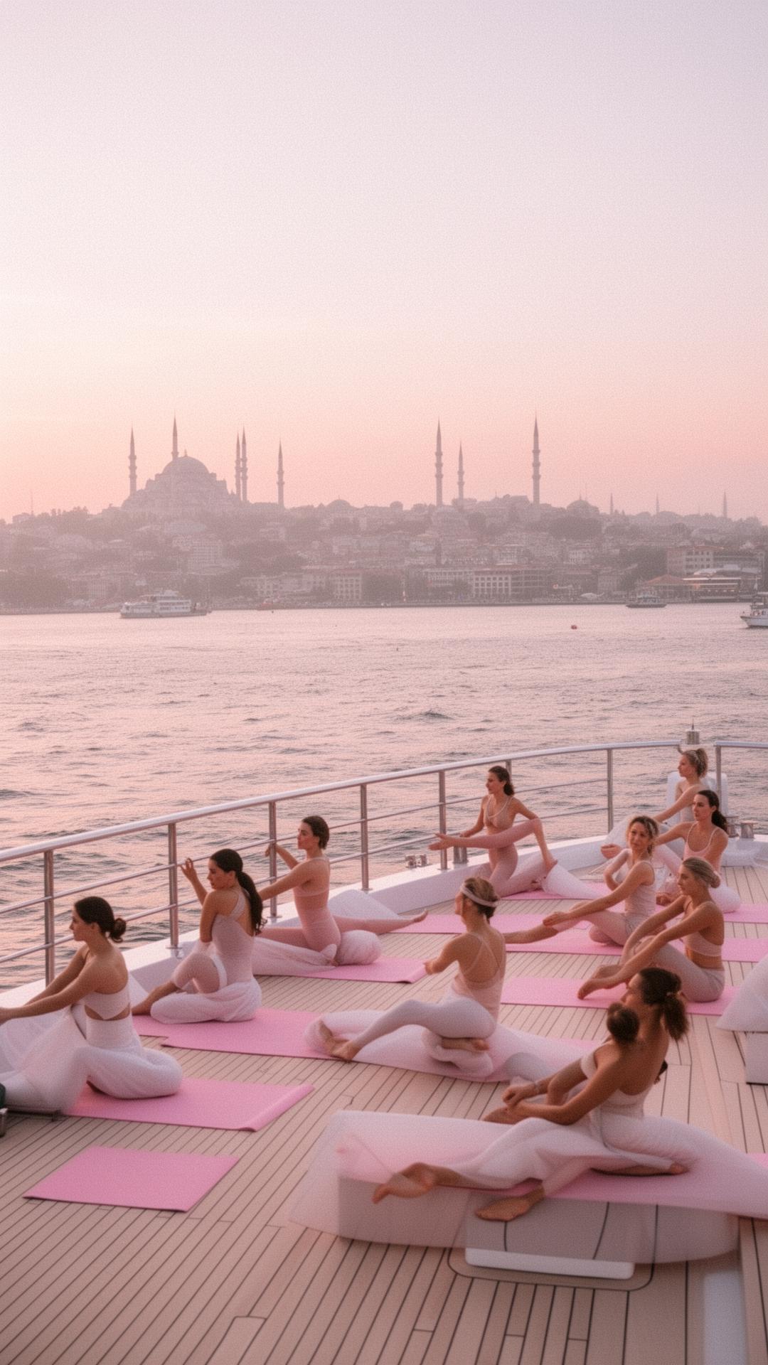 Women practicing Pilates on a luxury yacht at sunrise on the Bosphorus