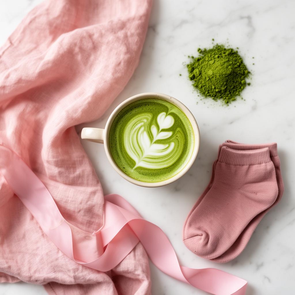 Matcha latte and branded Pilates socks flat lay